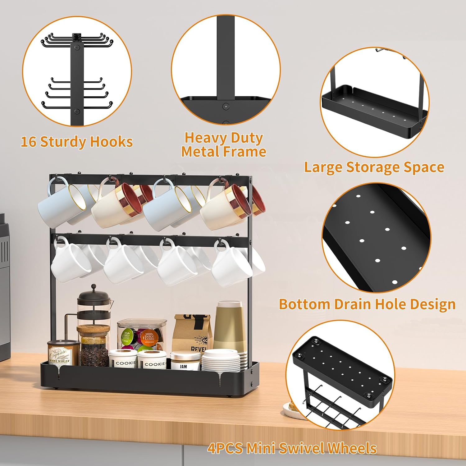 RCHYFEED 2 Tier Coffee Cup Holder with 16 Movable Hooks & Storage Basket | Sturdy Metal Countertop Mug Rack,Drain Tray