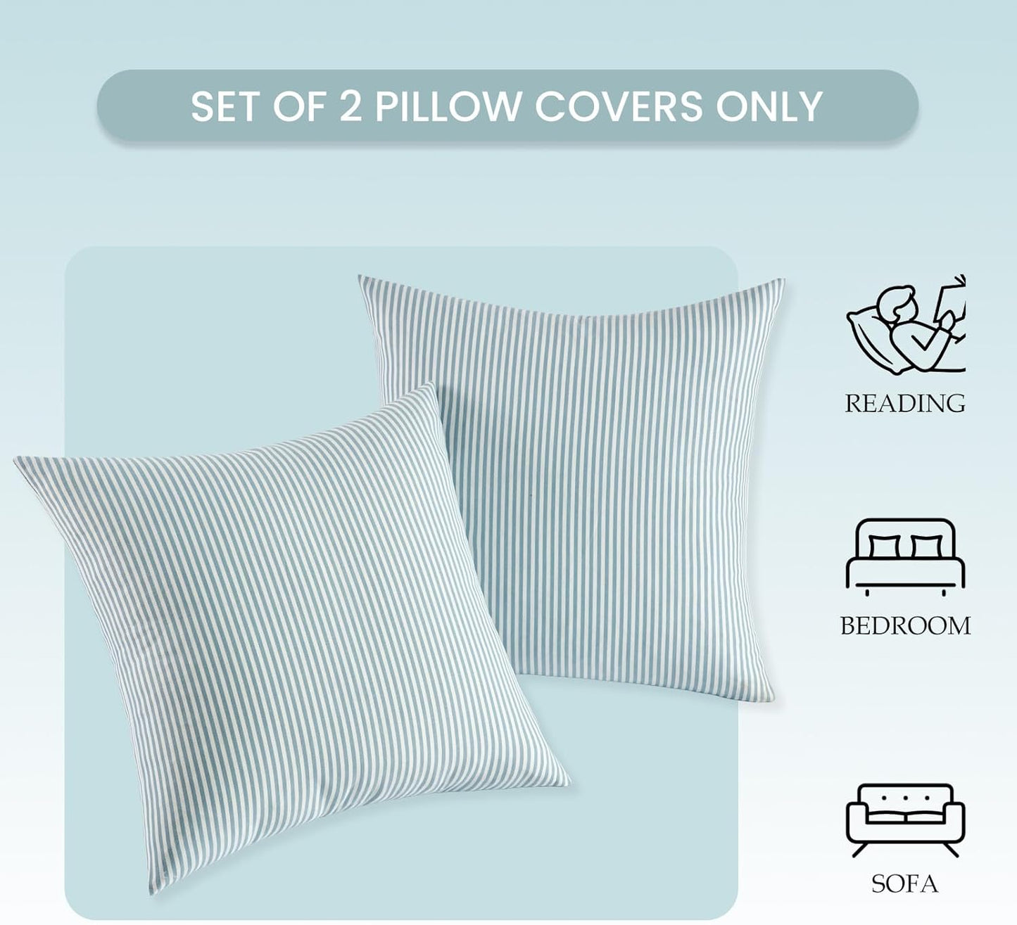 Light Blue Boho Striped Pillow Covers Farmhouse Outdoor / Grey Blue Stripe / 18 x 18 / Set of 2