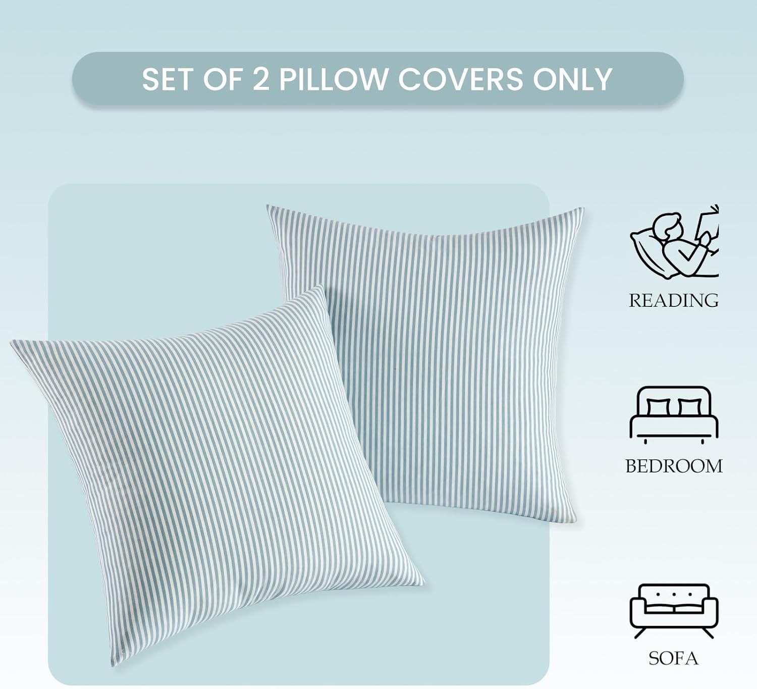 Light Blue Boho Striped Pillow Covers Farmhouse Outdoor / Grey Blue Stripe / 18 x 18 / Set of 2