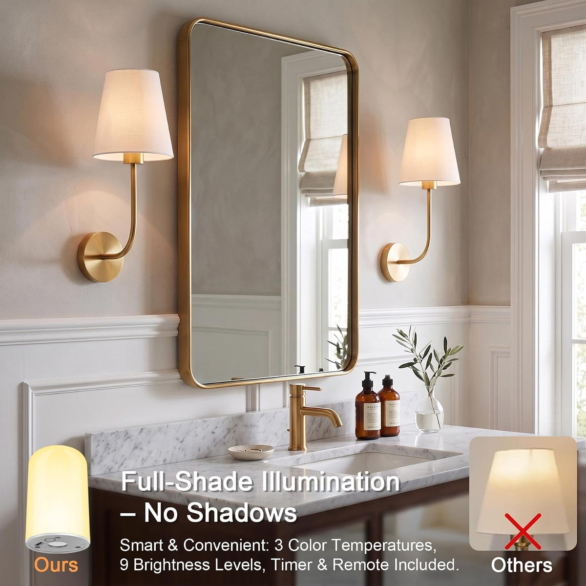 Gold Battery Operated Wall Light Set of Two, Wireless Wall Sconces with Remote Control & 3 CCT Color Temperature