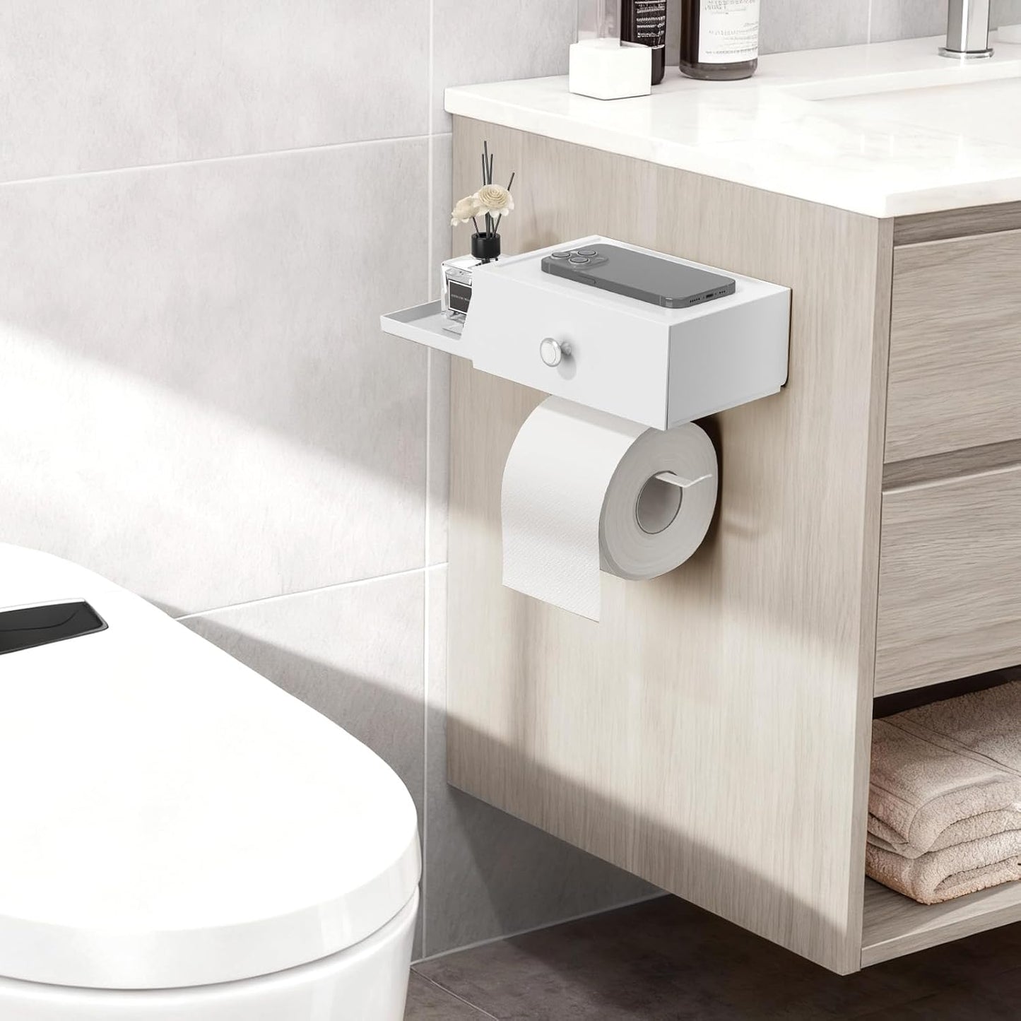 Lifewit Toilet Paper Holder Wall Mount with Shelf & Drawer, White, 2 Pack | Screw or adhesive installation, sturdy