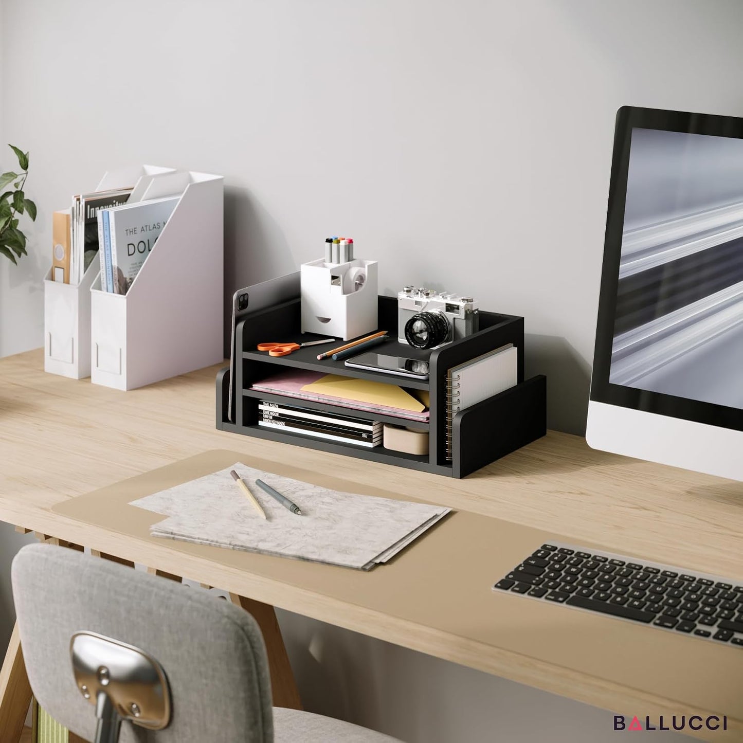 Ballucci 3-Tier Desk Organizer with 2 Side Mail Sorter Slots, Wood Letter Tray, Open Top Paper Organizer, Desktop File