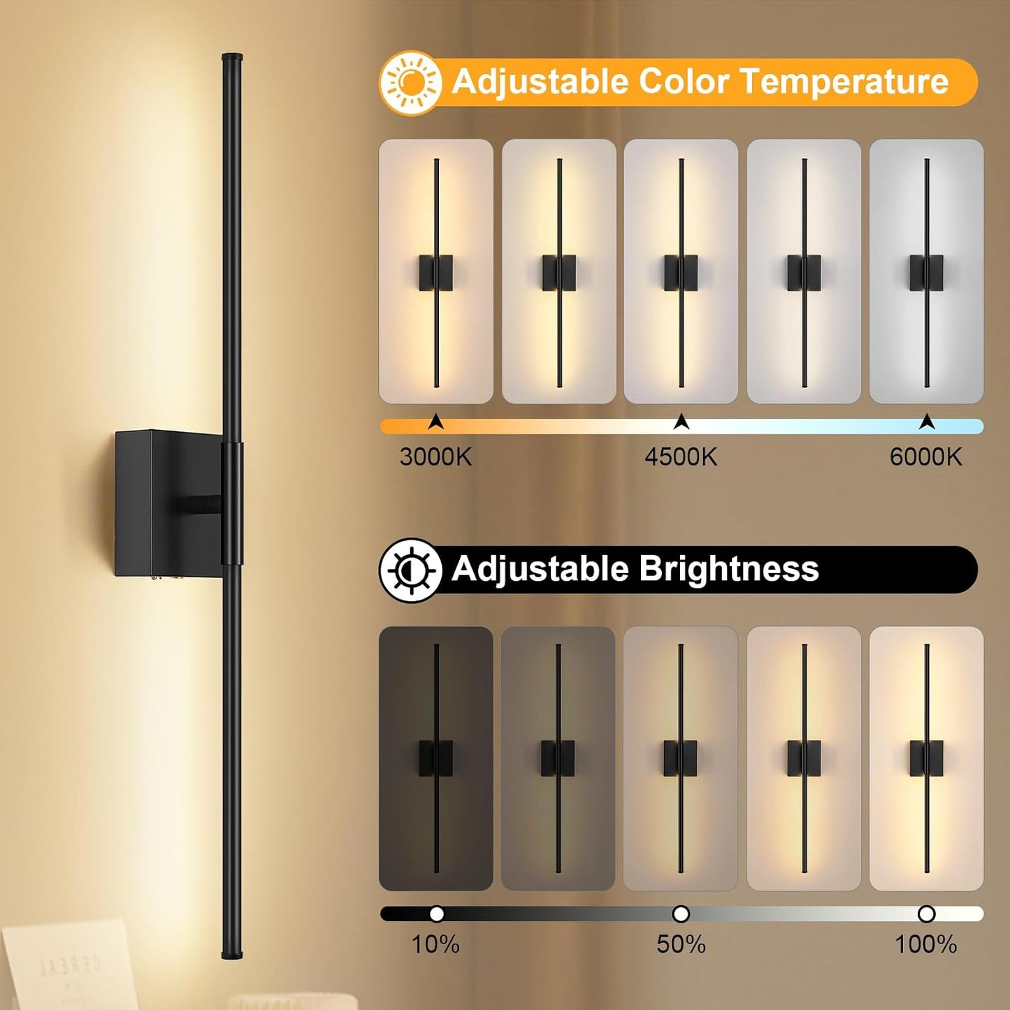 Battery Operated Wall Sconce Set of Two with Remote Control, 3000K-6000K Dimmable Black Wall Lights, Timable LED