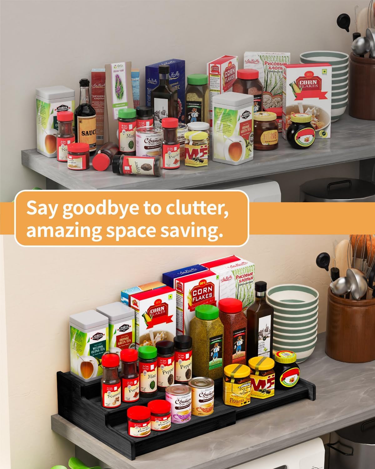 Spice Rack 3-Tier Natural Bamboo, Adjustable Cabinet Organizer Shelf | Expands 8.7-15.6"cabinets. Stepped design