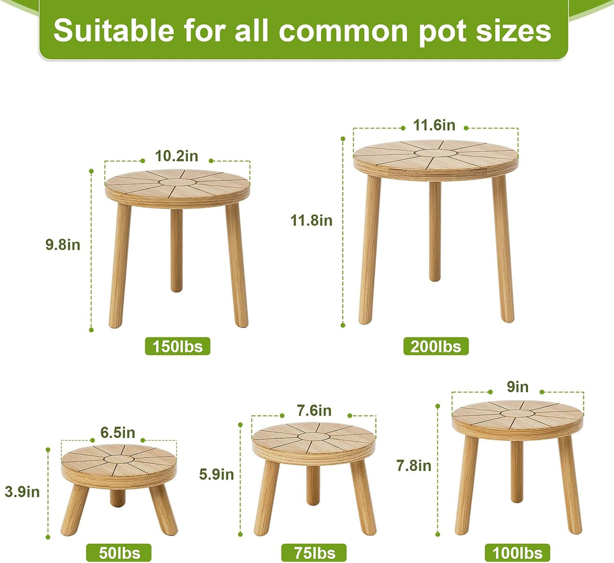 Wood Plant Stands 5-Pack Indoor, Plant Stool, Light Brown | Premium carbonized pine with moisture-resistant, burr-free