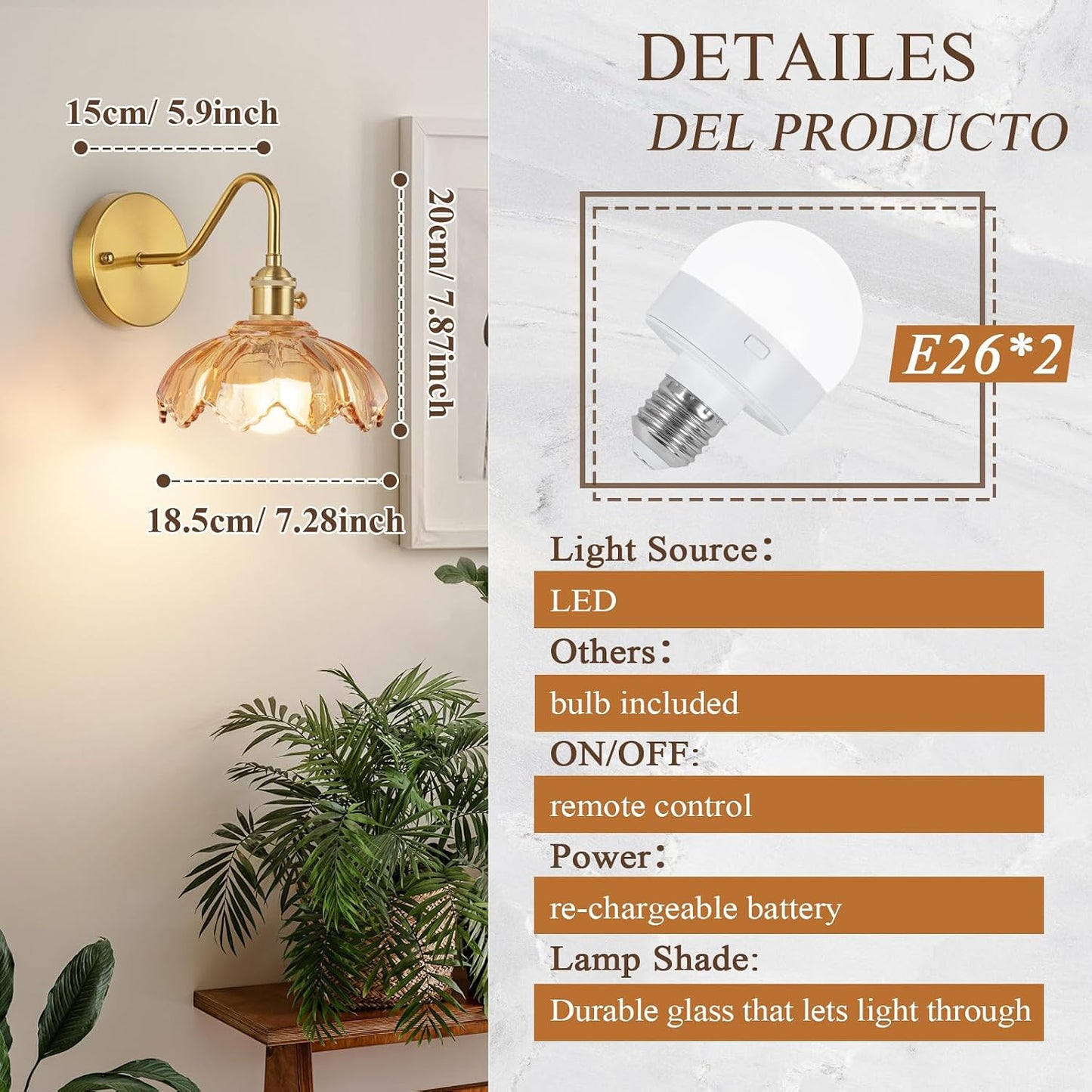 Vintage Glass Sconces, Battery Operated Wall Light with Remote, Rechargeable Wall Sconces RGB, No Socket Required, Easy