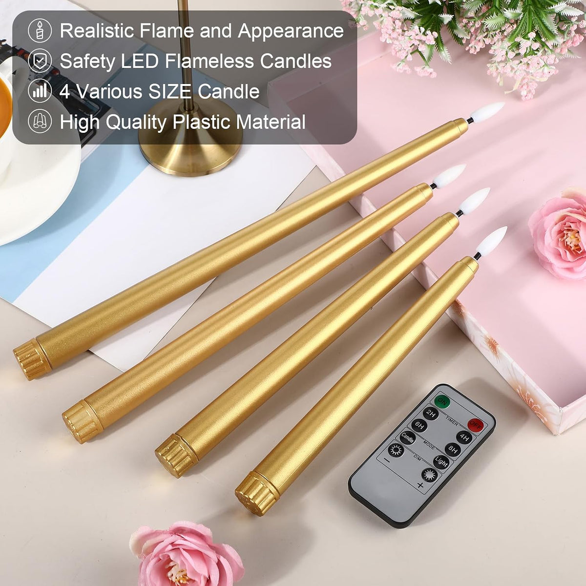 Rossesay 28 Pcs Flameless Taper Candles with Timer Remote 4 Sizes of 8.5", 9.6", 10.83", 12.8" LED Flickering Taper