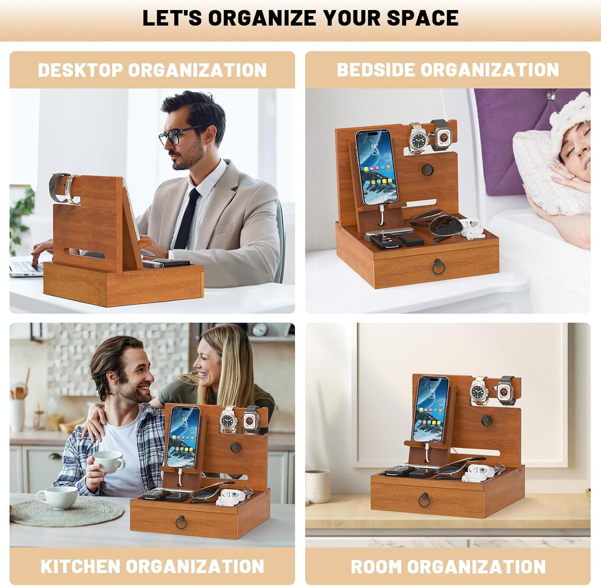 Wood Phone Docking Station, Nightstand Organizer with Drawer | Bedside Table Organizer for Watch & Accessories