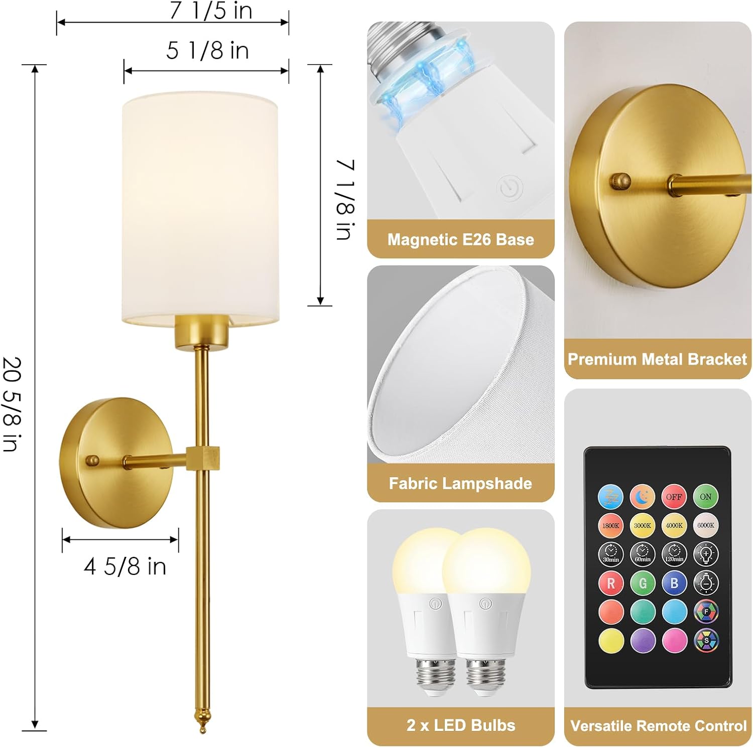 KARTOOSH Battery Operated Wall Sconce Set of Two, Dimmable 4CCT, RGB, Timer | Rechargeable Wireless Wall Decor Light