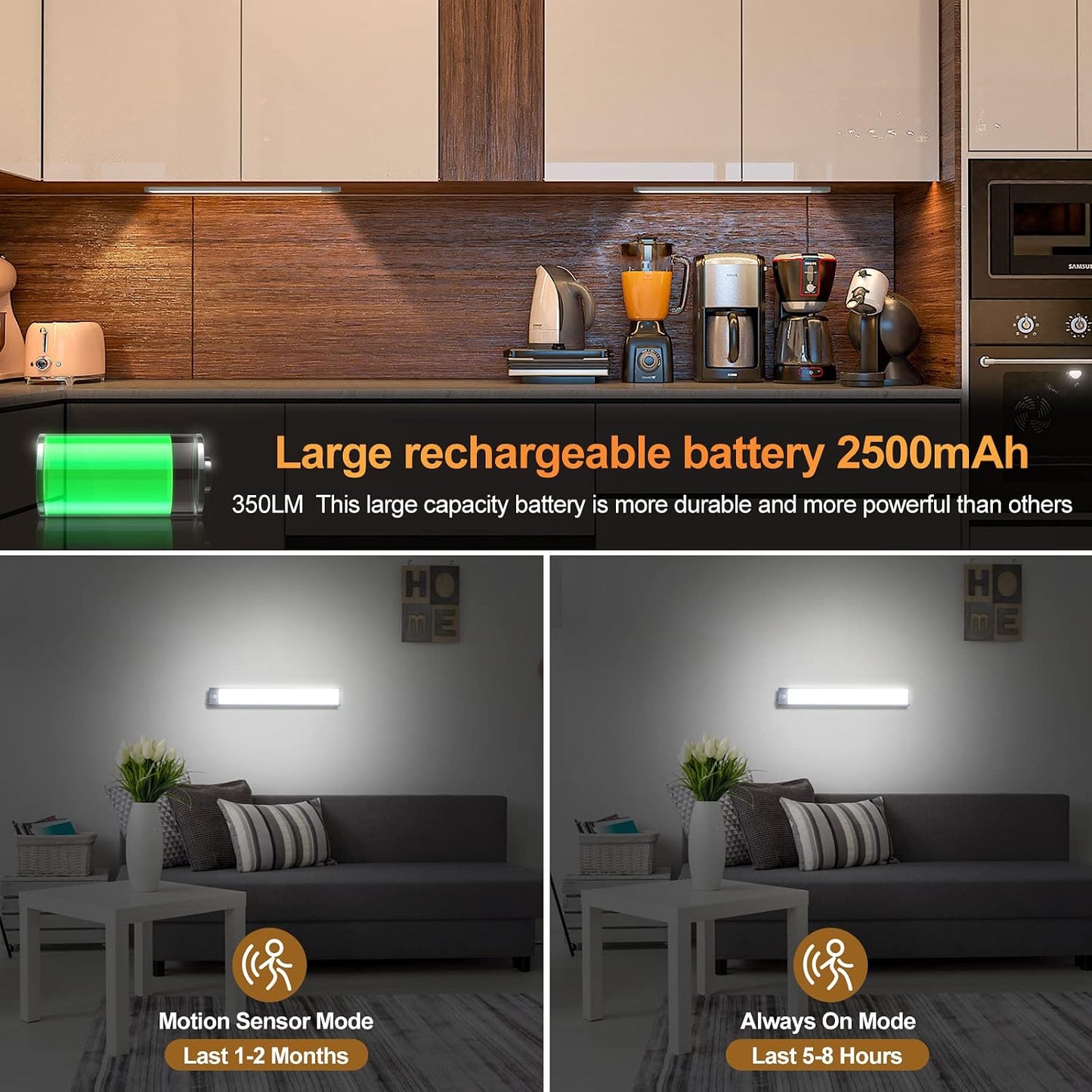 2 Pack 54LED Under Cabinet Lights, 12.5 Inch Bright Wireless Motion Sensor Light 7000K with 2200mAh USB-C Rechargeable