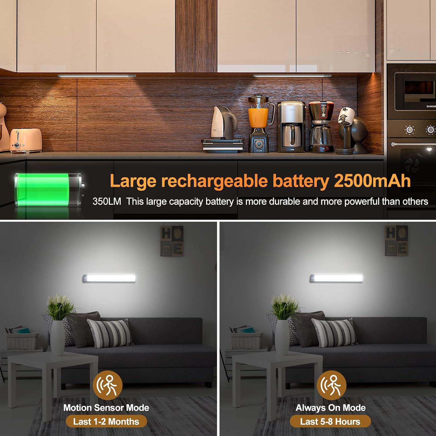 2 Pack 54LED Under Cabinet Lights, 12.5 Inch Bright Wireless Motion Sensor Light 7000K with 2200mAh USB-C Rechargeable