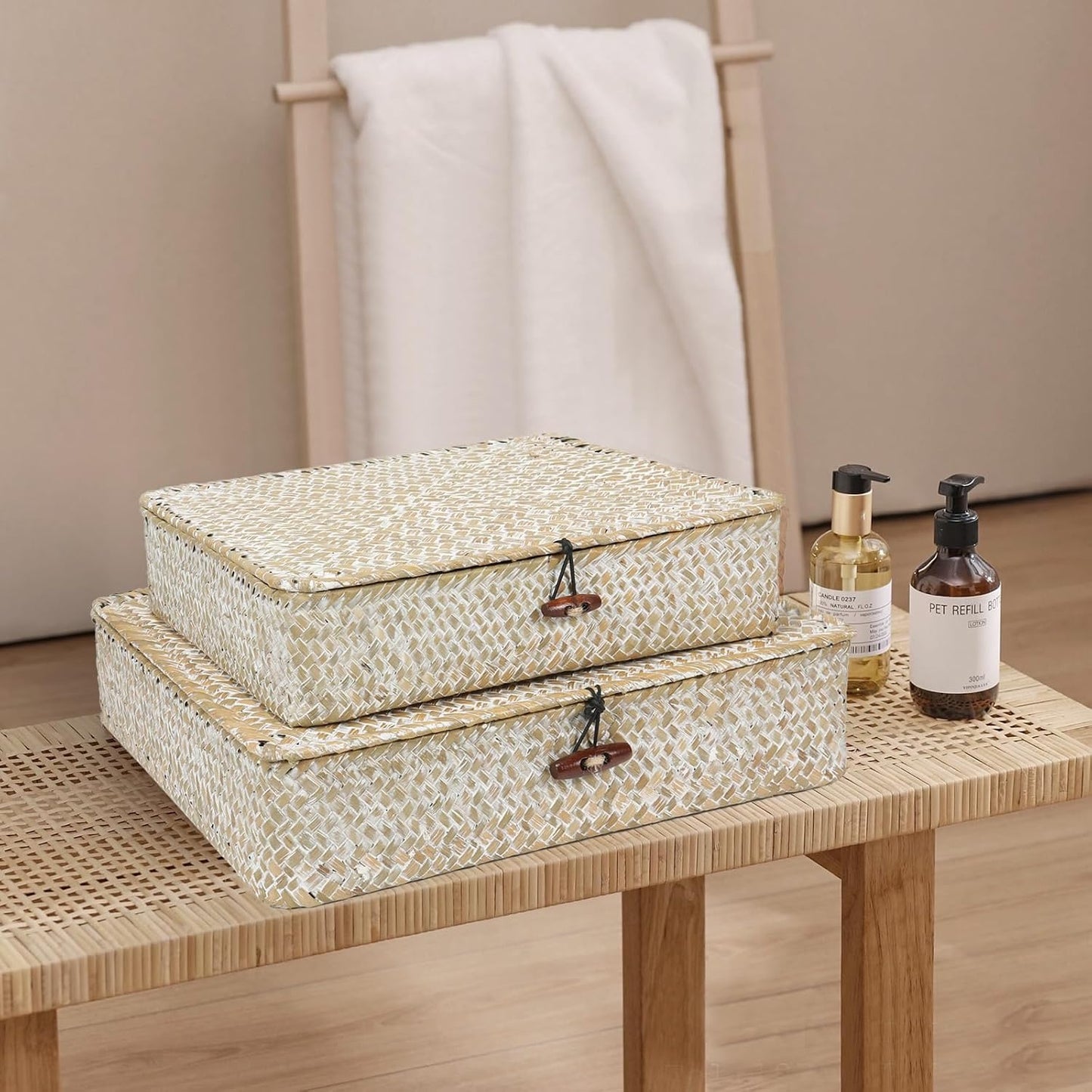 Flat Seagrass Storage Bins / Whitewash / Set of 2