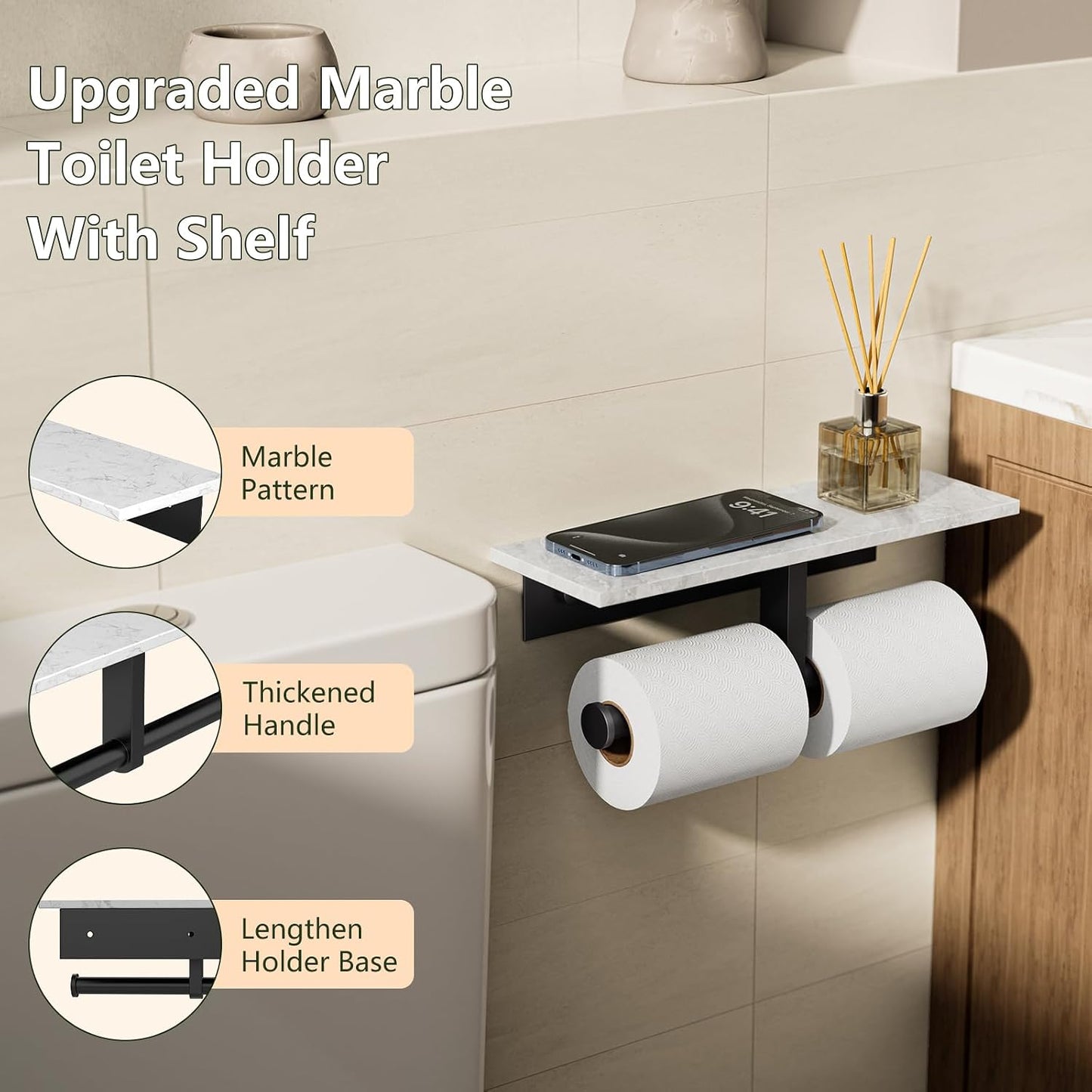 Marble Toilet Paper Holder with Shelf Doulble Bathroom Tissue Roll Holder | Matte Black 304 Stainless Steel Toilet