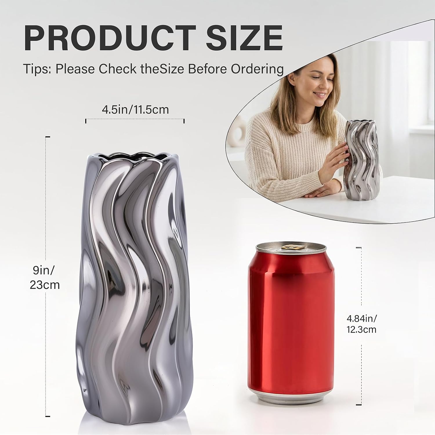 9.5" Ceramic Vase / Silver / Medium