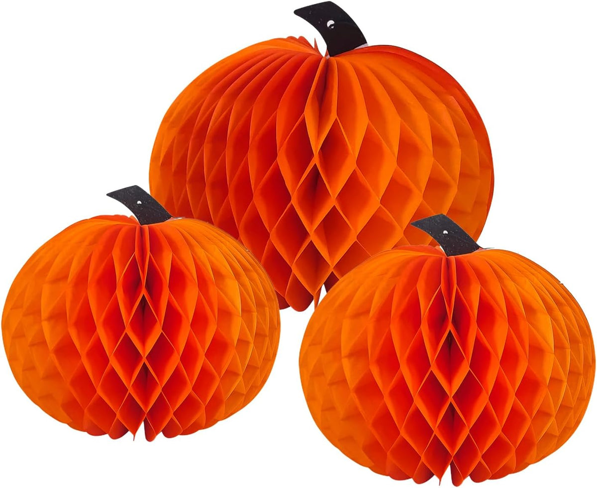 3 Pcs Paper Pumpkin Honeycomb Centerpieces for Tables, 3D Paper Hanging Pumpkin Party Decorations for Thanksgiving Fall Festival Party Supplies