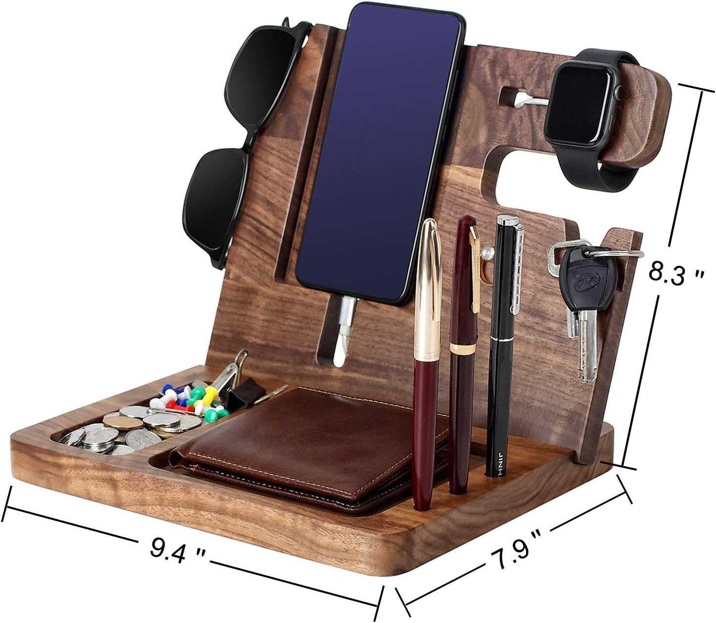 awofer Gifts for Men-Engraved Walnut Wood Docking Station-Nightstand with Phone Holder, Key Holder, Wallet Stand and
