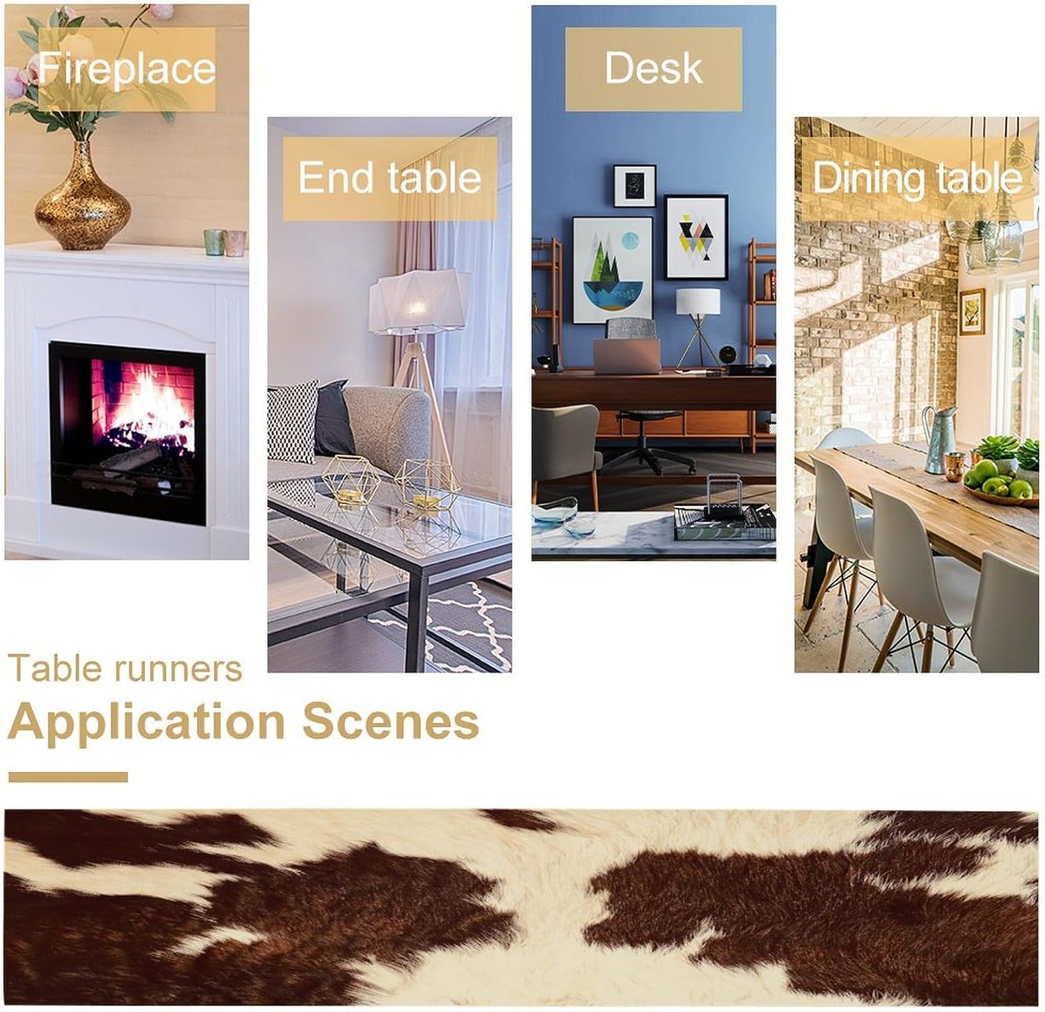 Cow Print Table Runner - Brown Cowhide Western Style Country Farmhouse Pattern Linen for Home Kitchen Dining