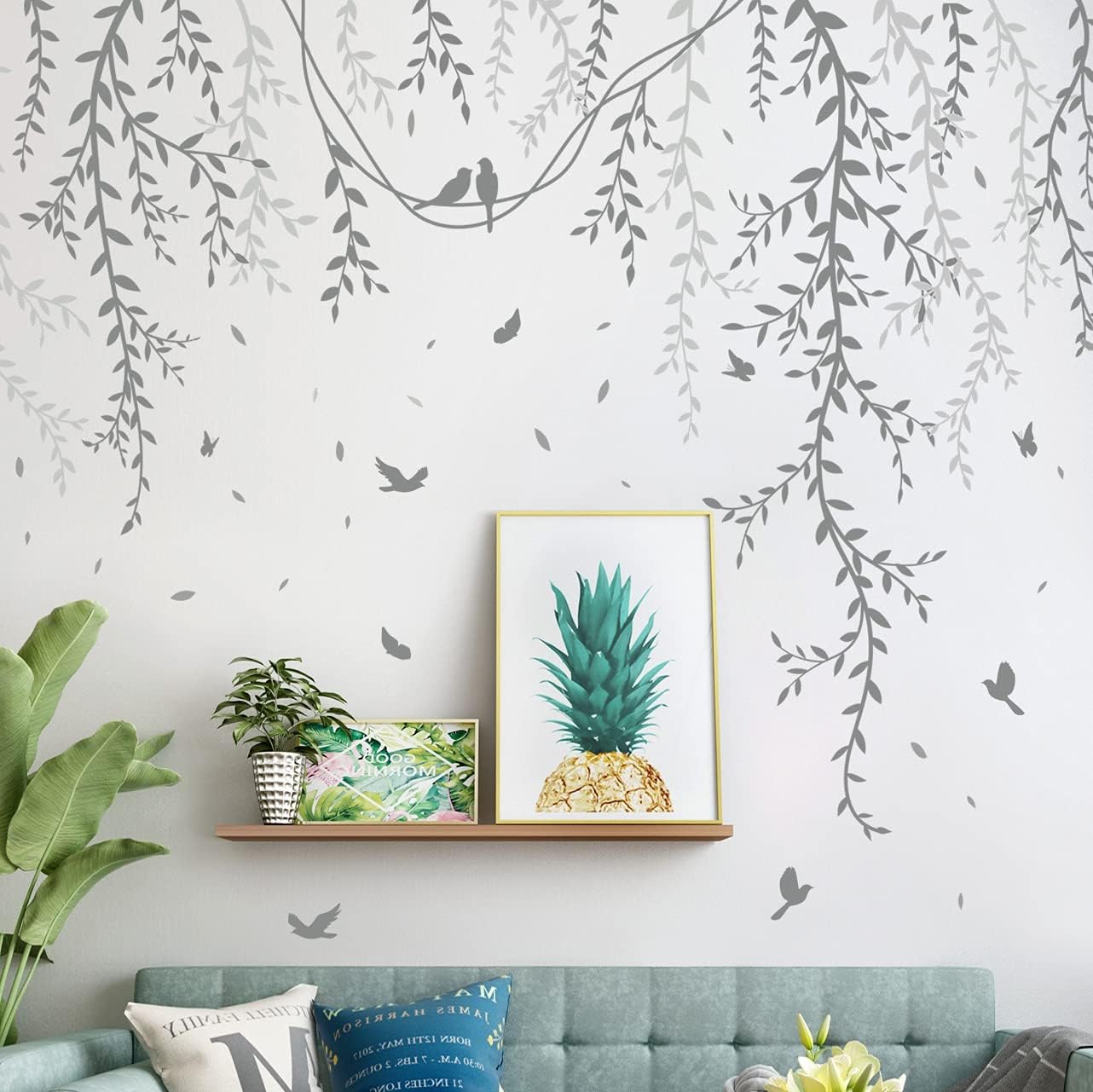Hanging Willow Branch Wall Stickers DIY Vine Leaf Plant Wall Decals Peel and Stick Grass / Grey
