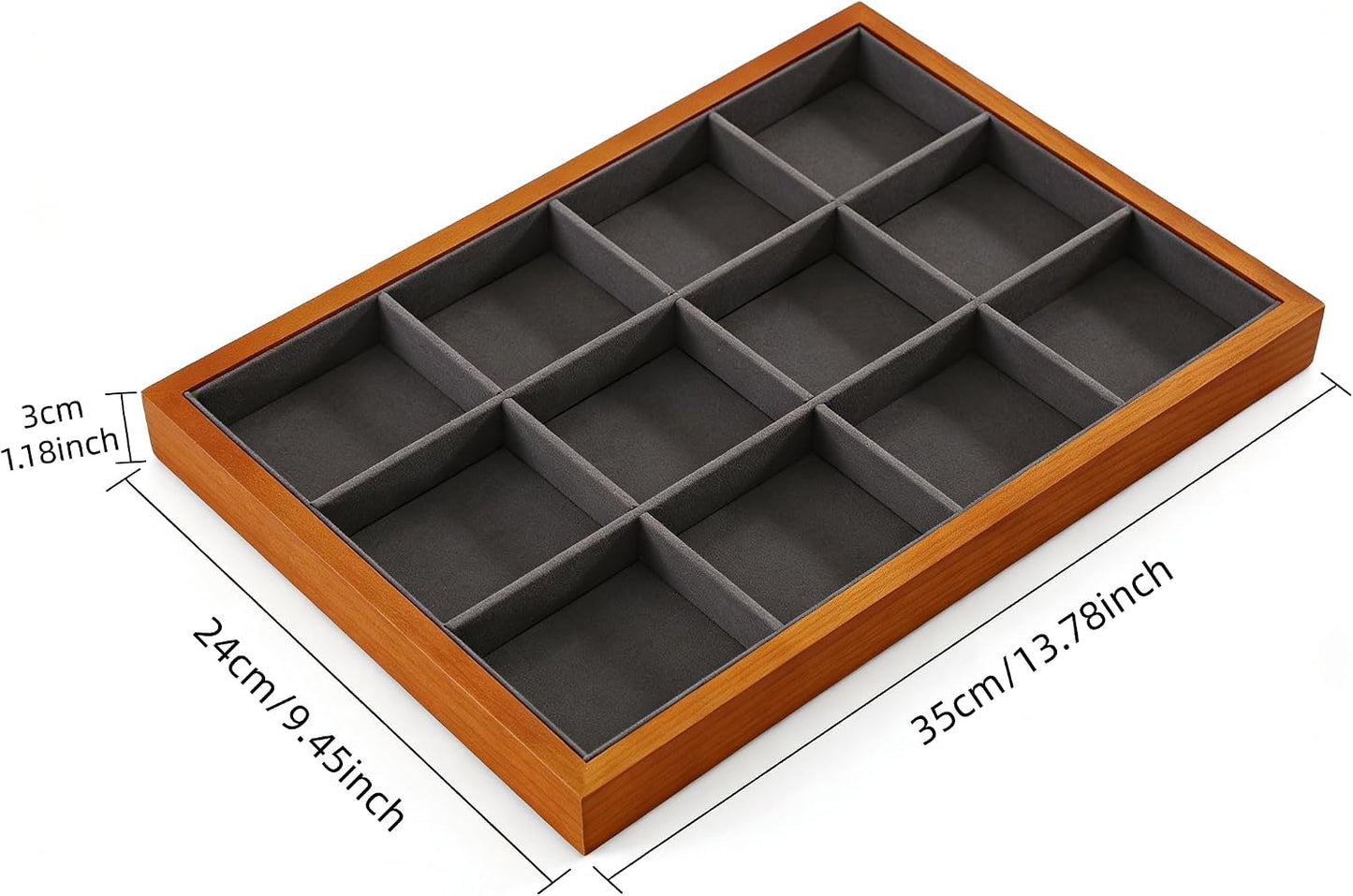 Wood Flat Jewelry Tray 12 Grid Display Wood / Gray / Bracelet Tray-w 9.45" x H 1.18"x L 13.78