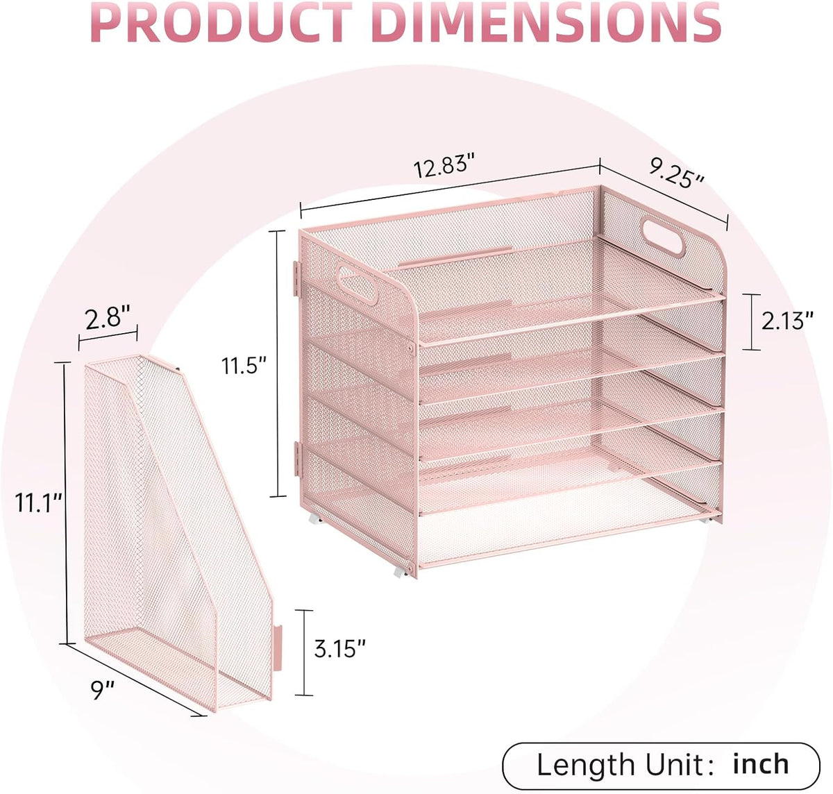 5-Tier Desk Organizer with File Holder, Paper Organizer for Desk, Pink | 5 Letter Trays and Vertical File Holder with