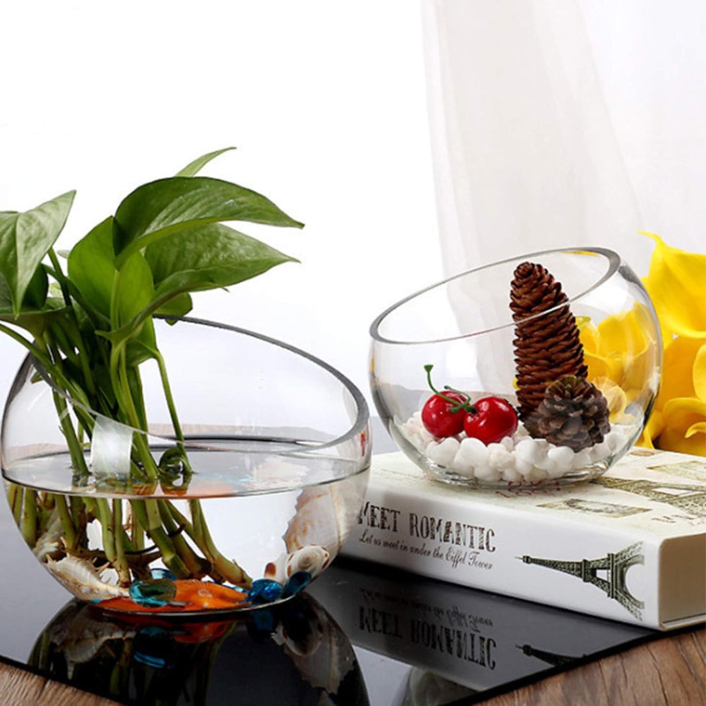 Slant Cut Bowl Glass Vase / Slant Bowl 6"H / Clear / 6 x 2.7
