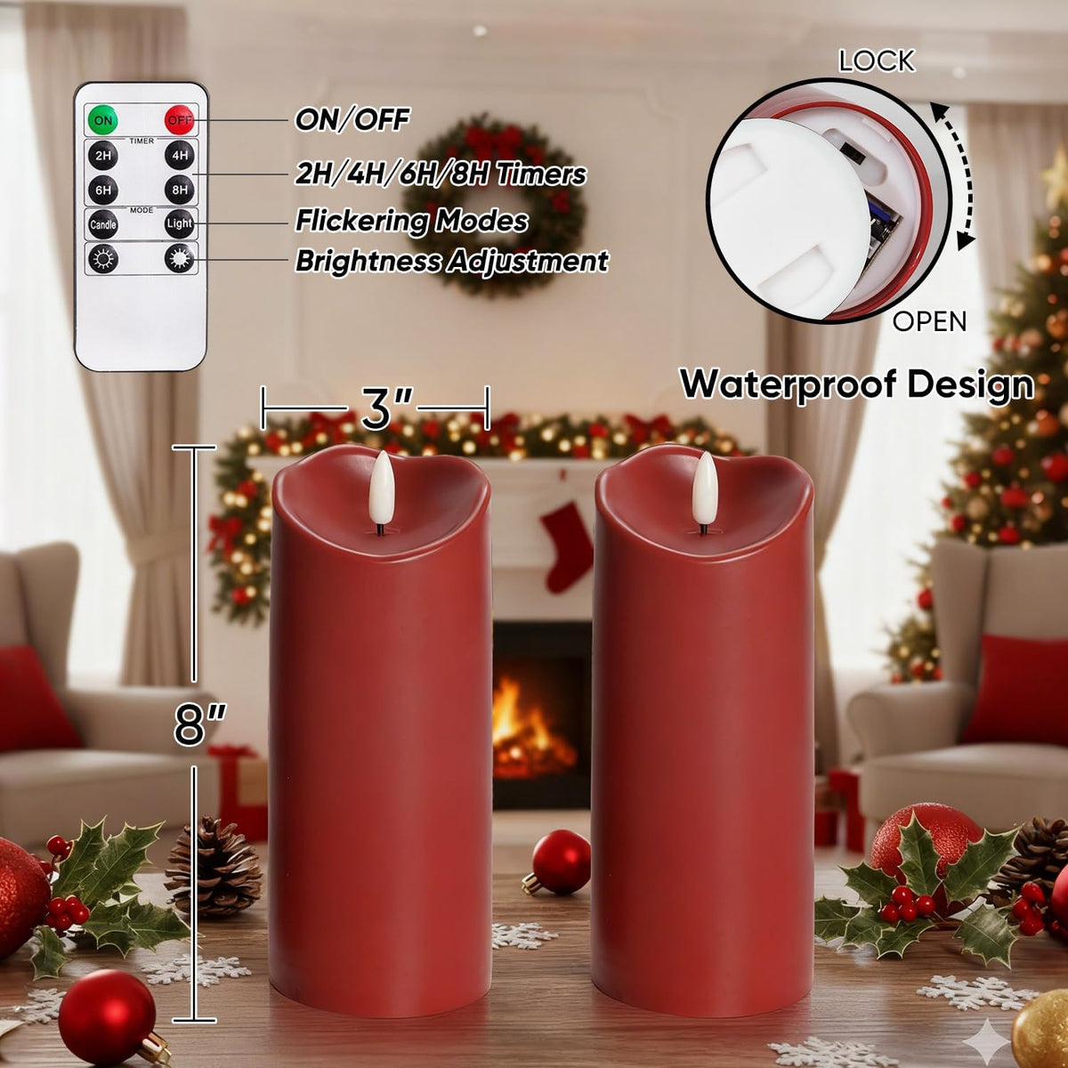 Homemory Burgundy Flameless Candles, Waterproof Flickering Candles, Outdoor Battery Operated LED Pillar Candles with