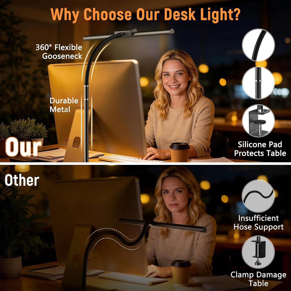 LED Desk Lamp for Home Office, Flexible Gooseneck Desk Lamp with Clamp, 5 Color Touch Control Stepless Dimming