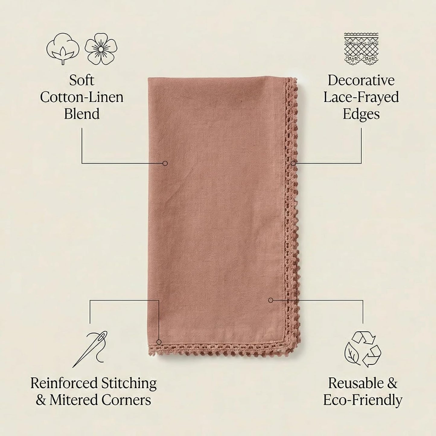 ACCENTHOME Blush Cloth Napkins Set of 12 18x18 inch Cotton Linen Dinner Napkins - Washable Soft Premium Hotel Quality