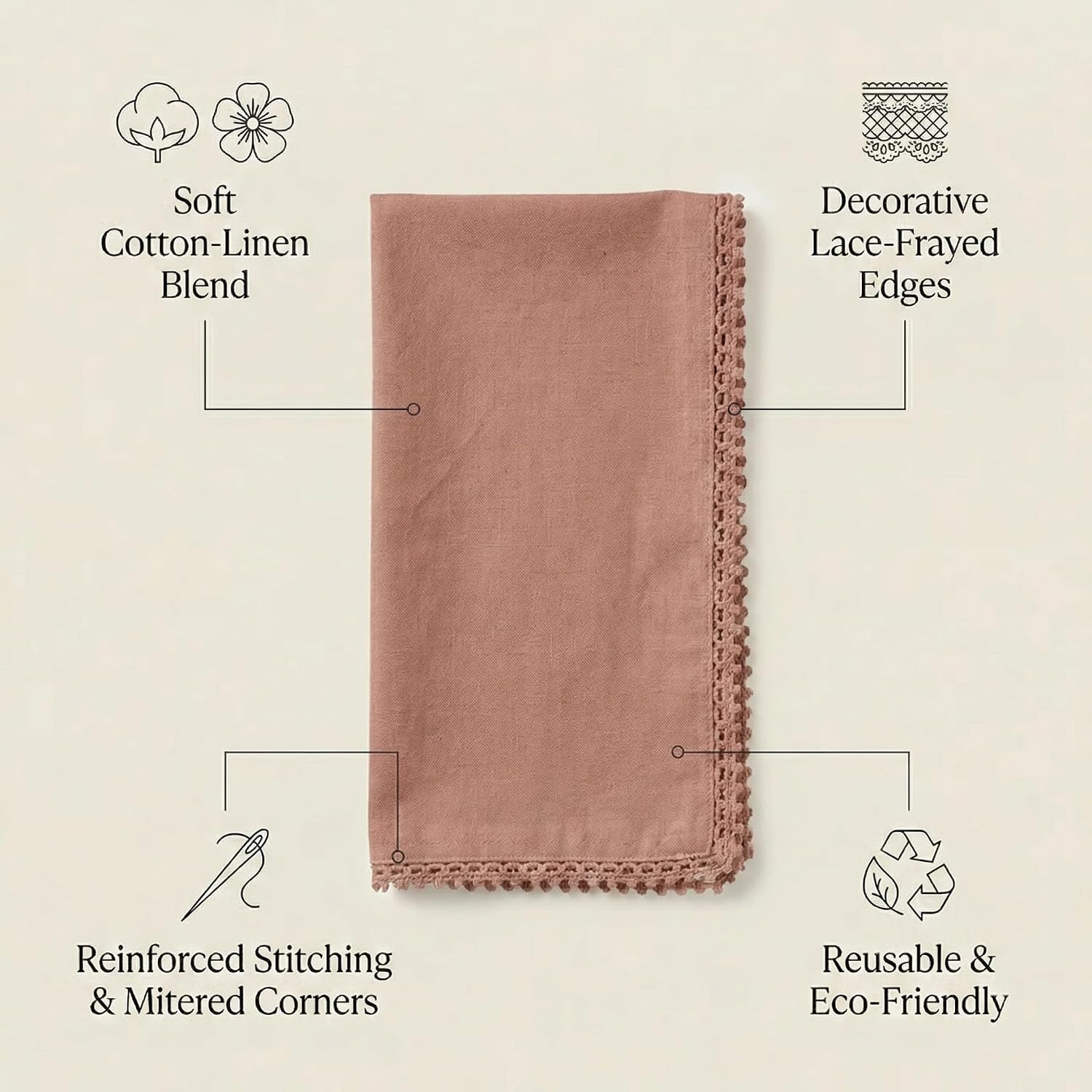 ACCENTHOME Blush Cloth Napkins Set of 12 18x18 inch Cotton Linen Dinner Napkins - Washable Soft Premium Hotel Quality
