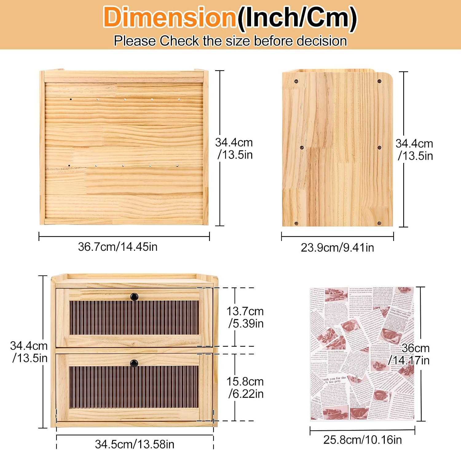 Alpeir Wooden Bread Box for Kitchen Countertop, Large Double Layer, Nature | Food-Safe Pine Wood, Double-Row