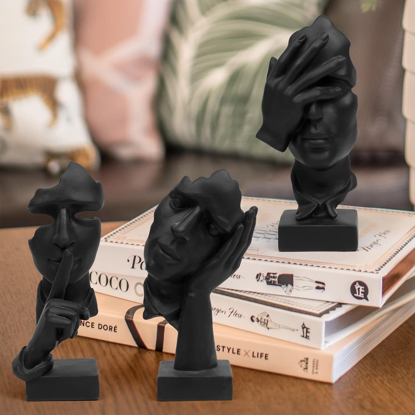 Thinker Statue / Silence is Gold Abstract Art Figurine / Black / Set of 3