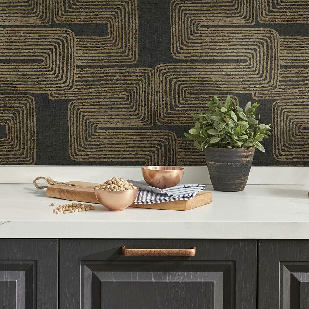 RMK12213PL Nikki Chu Black and Metallic Gold Zulu Signature Peel and Stick Wallpaper / Black/gold