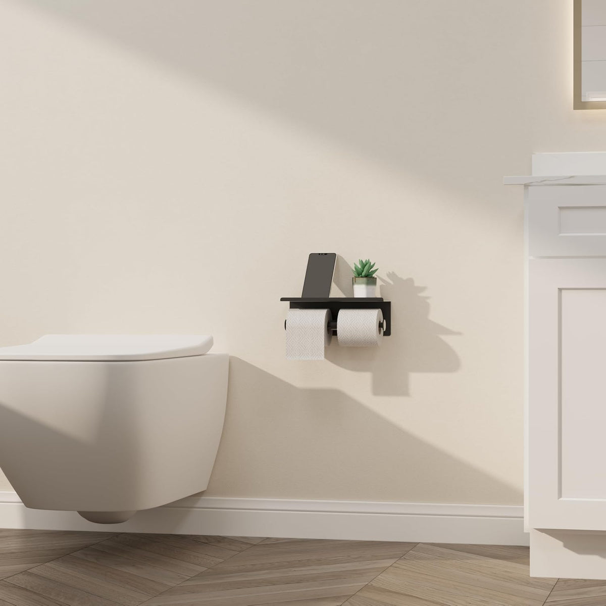 Black Toilet Paper Roll Holder with Shelf Wall Mounted for Bathroom (Black, 2 Pack)