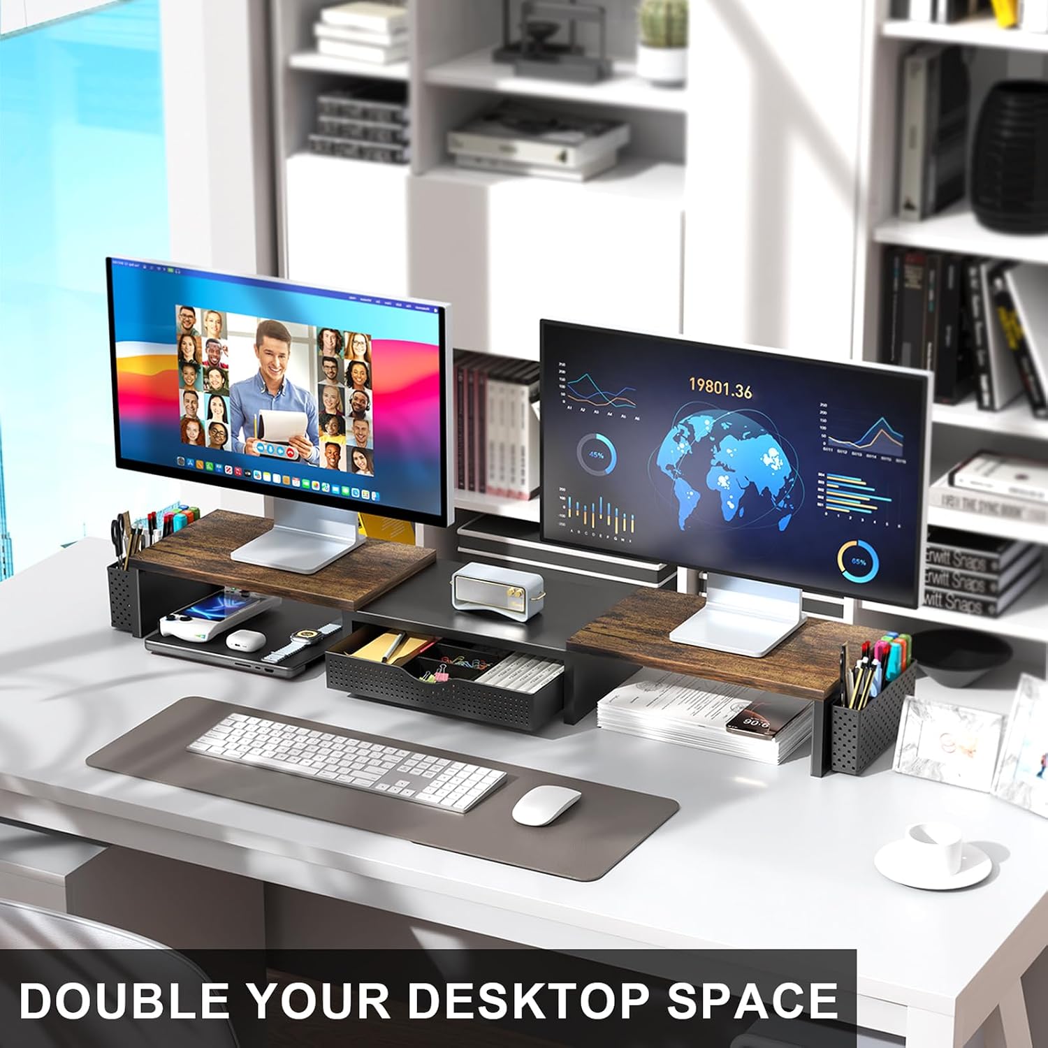 gianotter Dual Monitor Stand Riser With Drawer and 2 Pen Holders | Wood Computer Monitor Stand Desk Organizer and