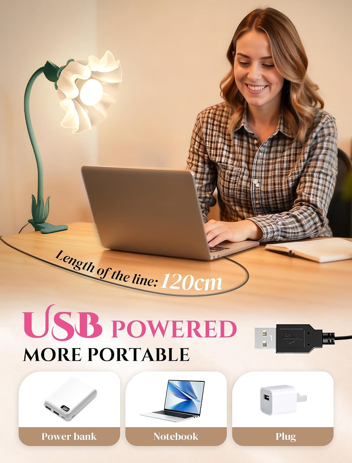 Clip On Flower Lamp for Bedroom, Aesthetic Bedside Reading Light with Flexible Gooseneck, 3 Color Modes Cute Desk Lamp