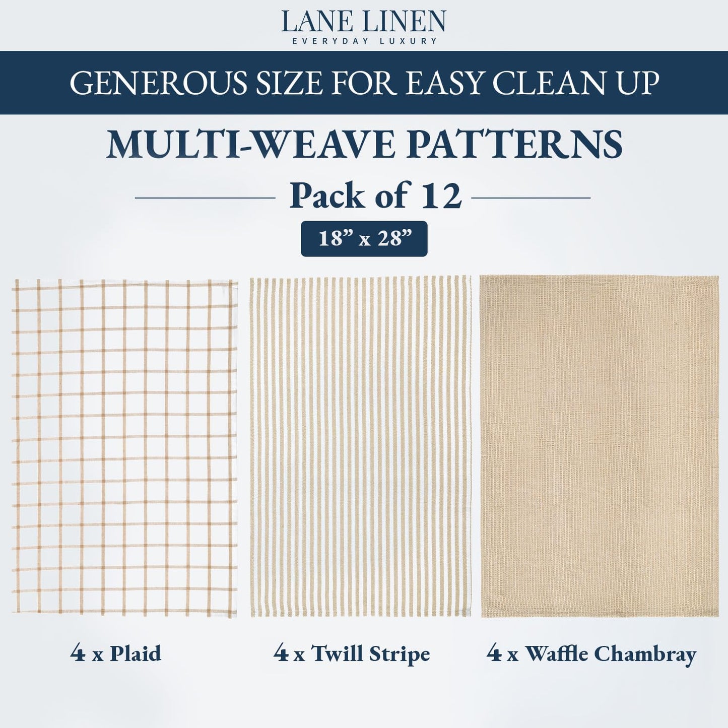 LANE LINEN Kitchen Towels & Dishcloths Set of 12-100% Cotton, Quick-Drying 18” x 28” Absorbent Dish & Tea Towels, Soft