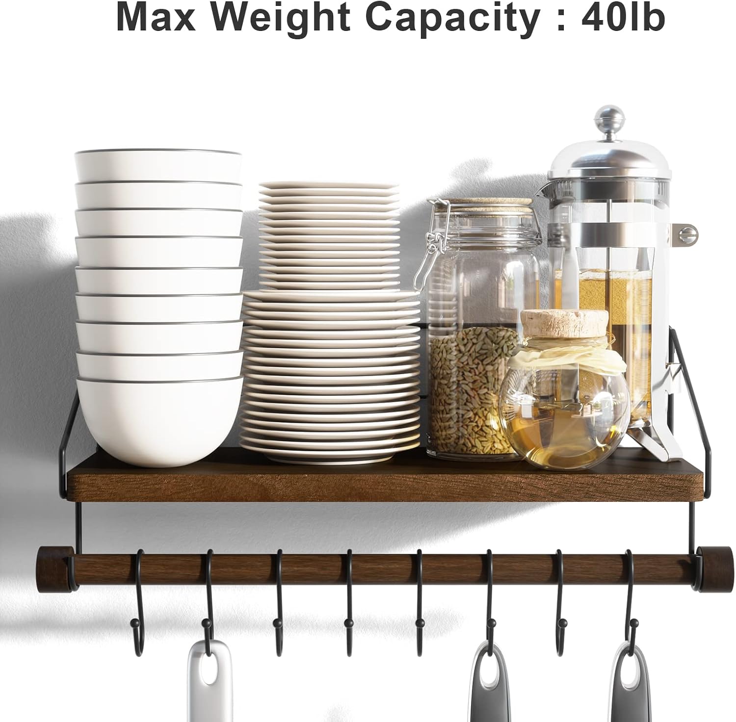 Alsonerbay Floating Shelf Coffee Bar Shelf with Towel Bar, Dark Brown | 8 removable hooks, solid wood, space-saving