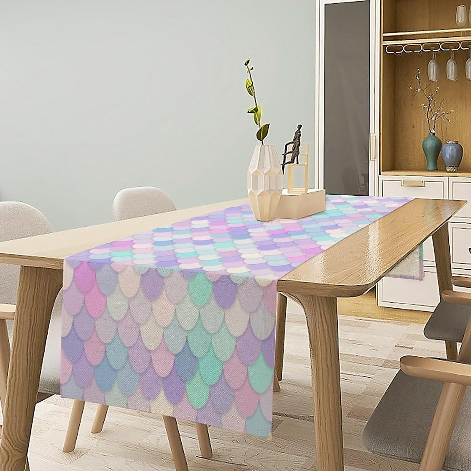 Mermaid Scales Table Runner Sea Theme Magic Blue Purple Pink Watercolor Scales Pattern Printed Linen Table Runner for