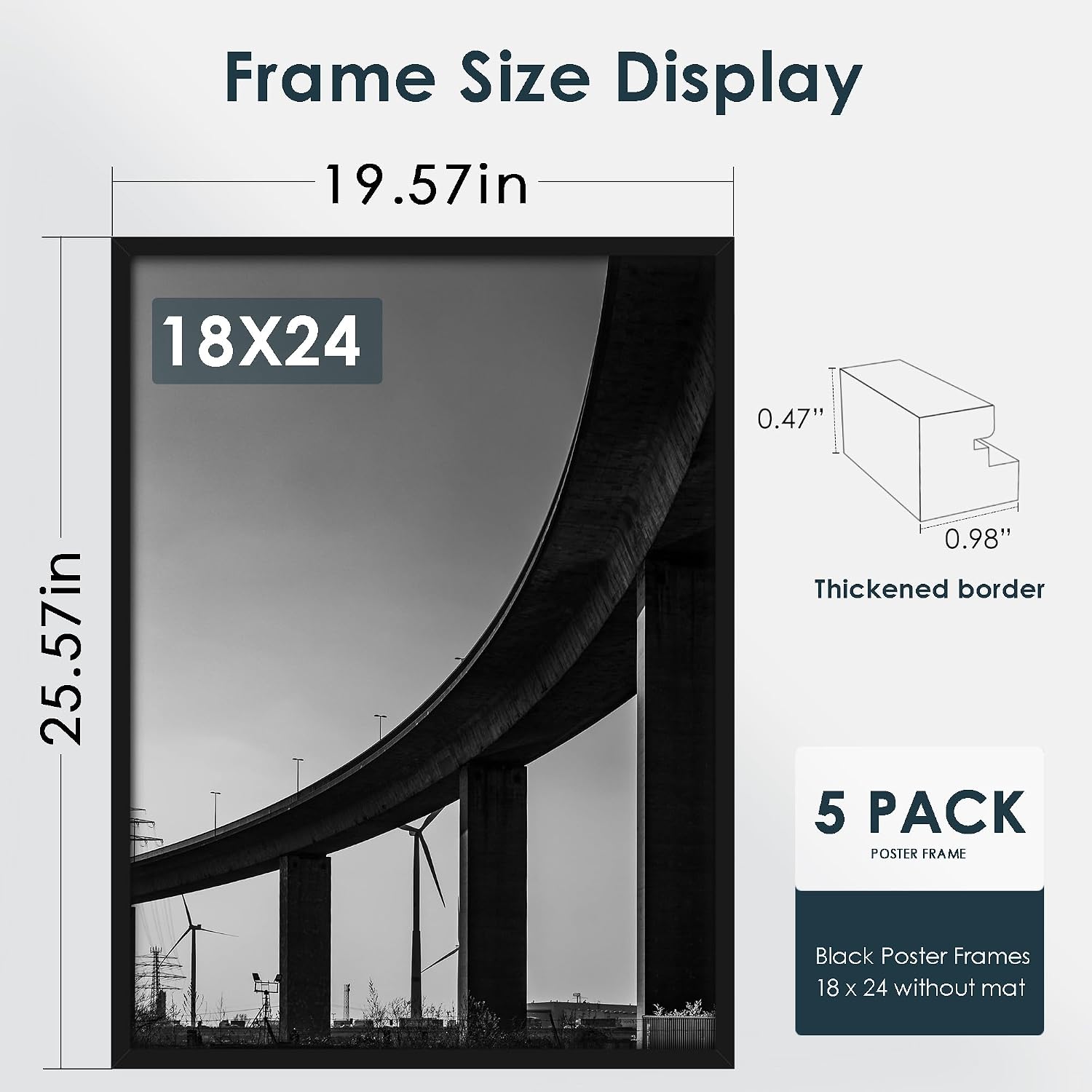 18x24 Frame Black 5 Pack, for Horizontal or Vertical Wall Mounting | Poster Frames 18 x 24, for Photos, Artwork; Fits