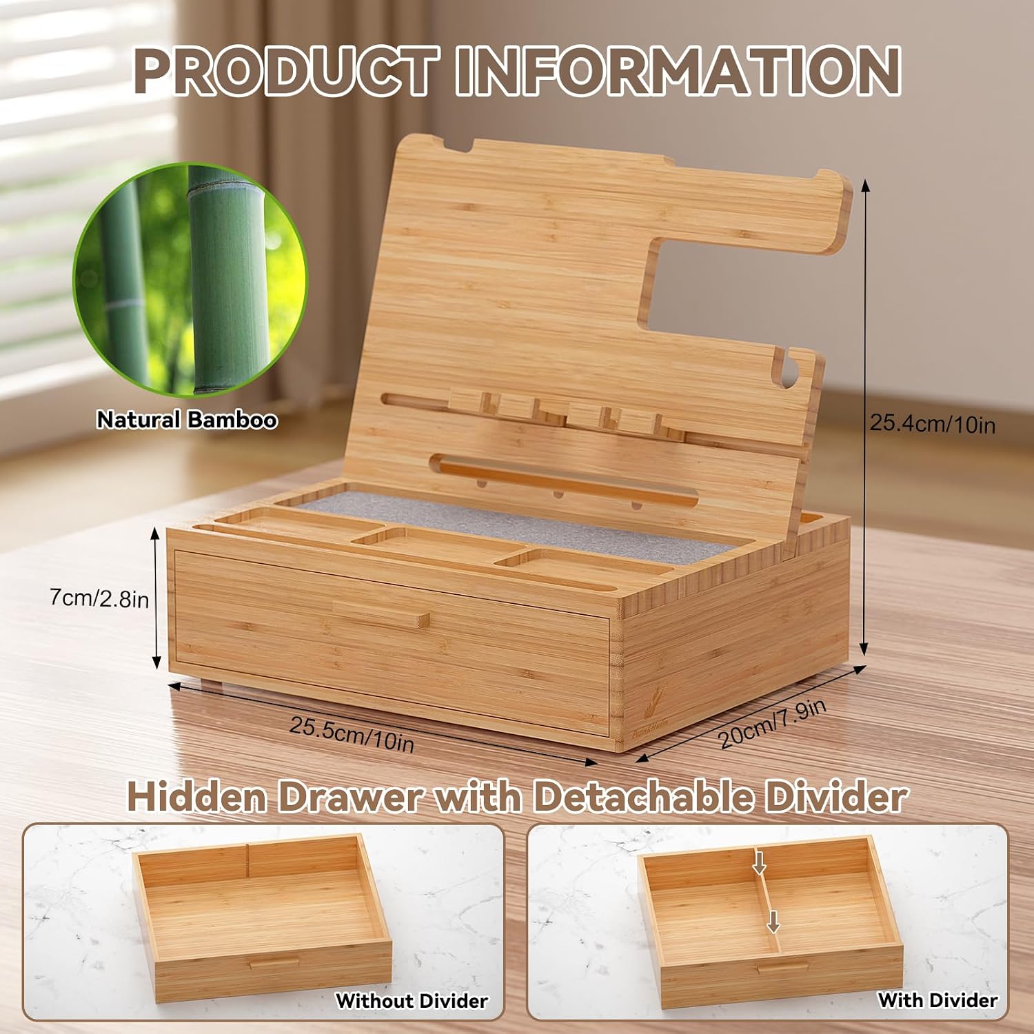 Pezin&Hulin Docking Station with Drawer, Nightstand Organizer (Nature) | Desk Organizer for Phones, Watch, Keys