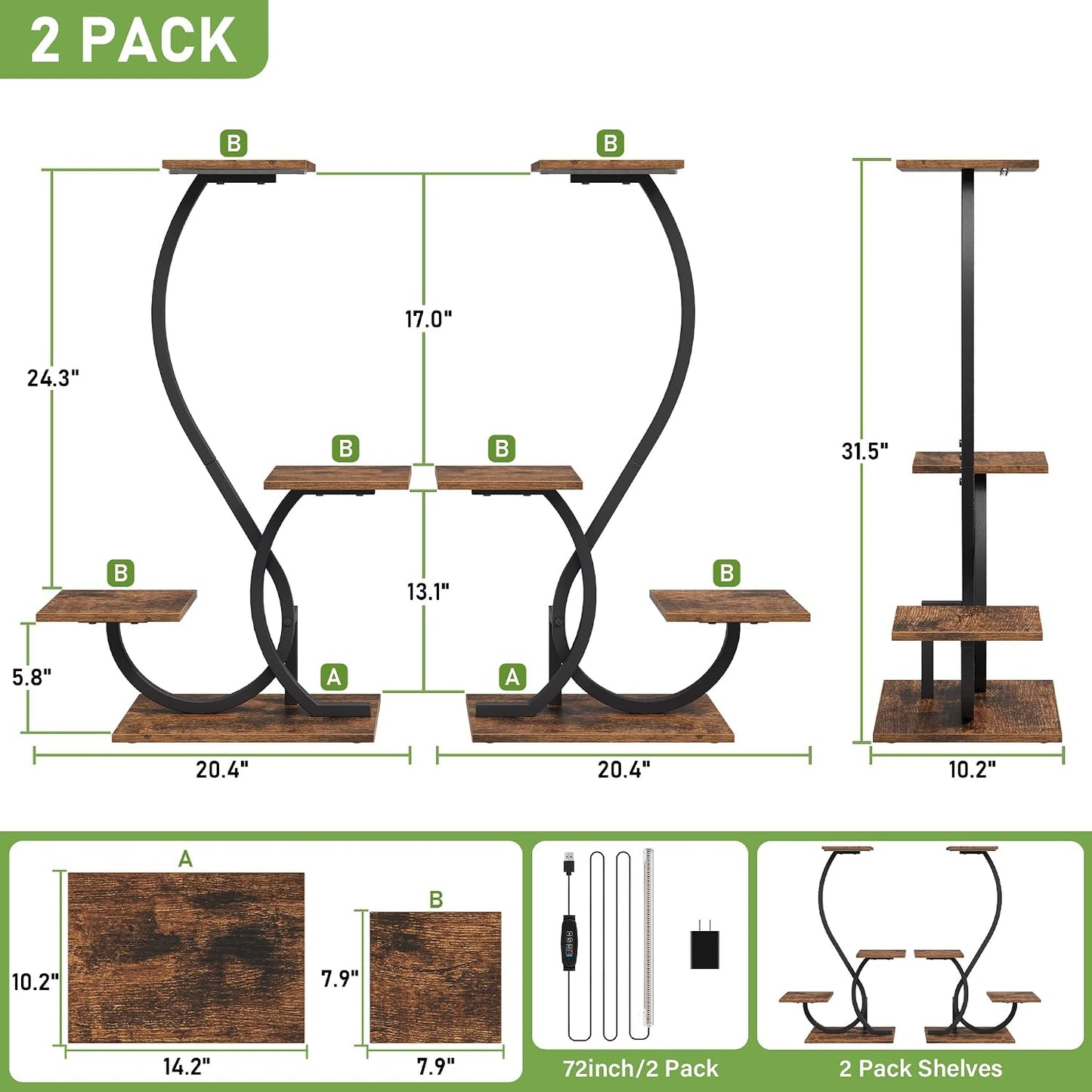 BACEKOLL Plant Stand Indoor with Grow Lights - 2 Pack Plant Shelf, Lighted Corner Plant Stands for Indoor Growing, 4
