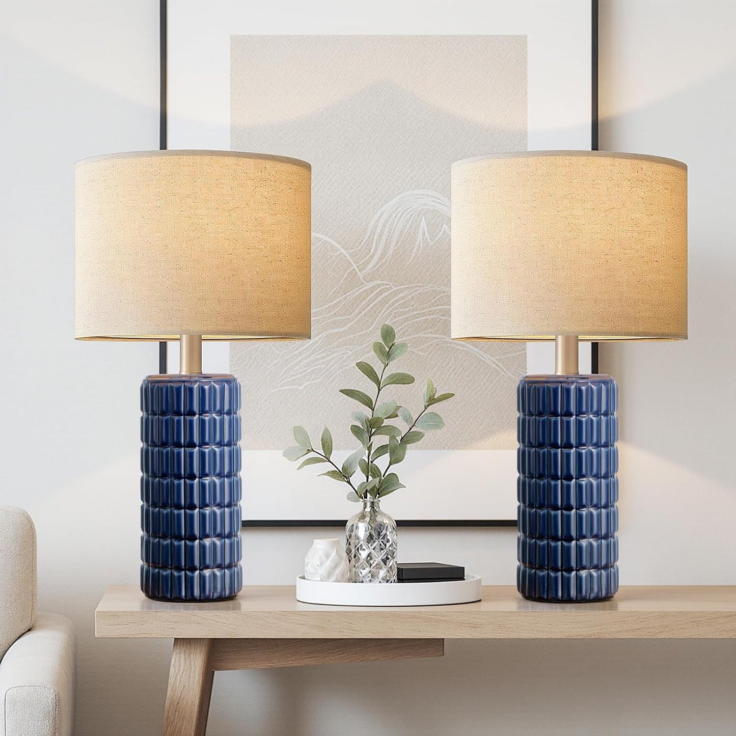 Seealle 23" Modern Ceramic Table Lamps Set of 2, Lamps for Bedroom, Blue