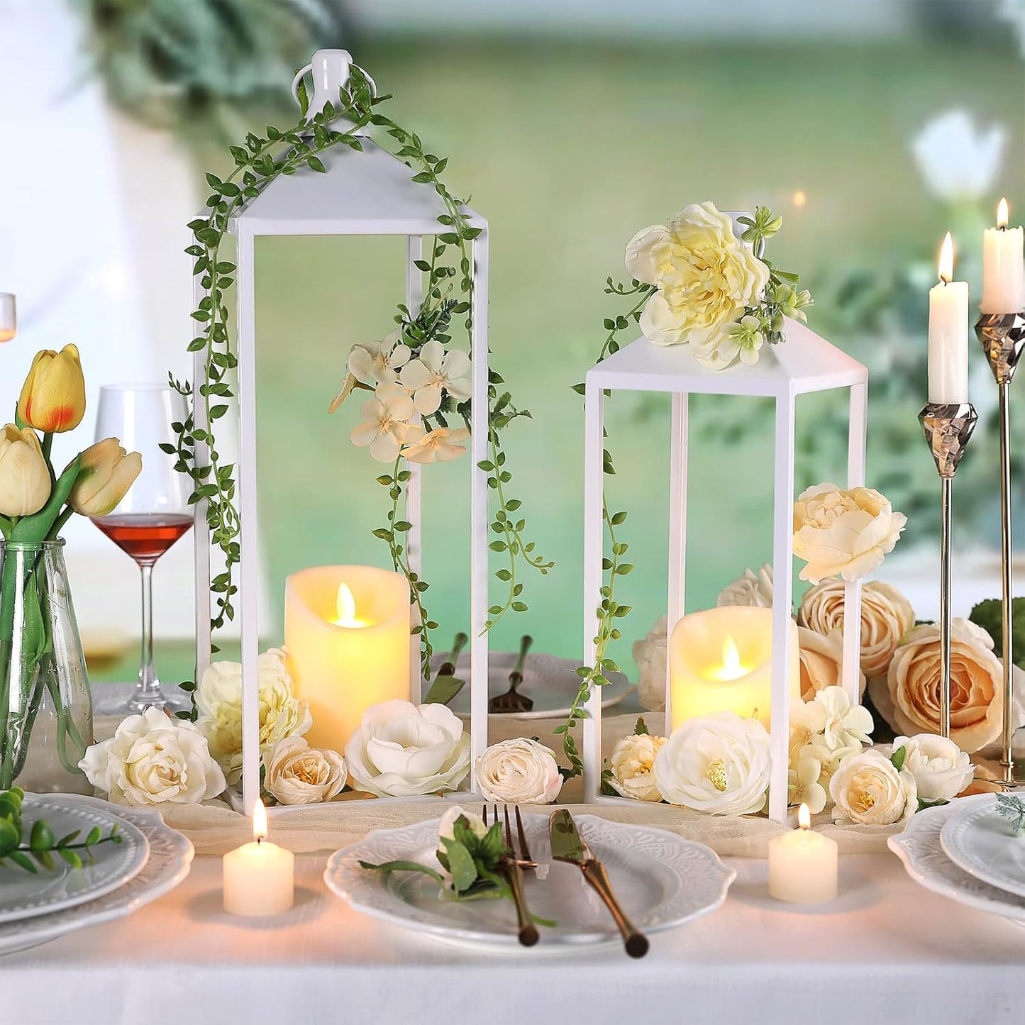 White Decorative Lantern Decor 17" 13" Set of 2 Wedding Lantern with Candle | White Candle Lanterns Decorative Modern