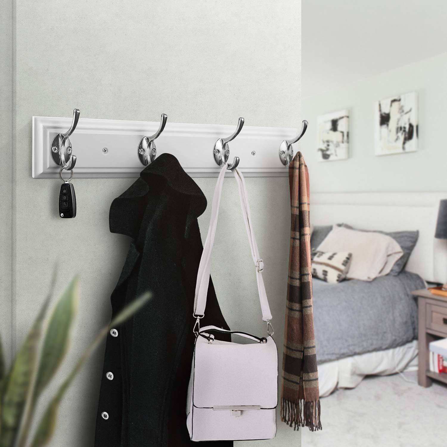 Coat Rack Wall Mounted White / White Density Wood / 4 Hooks