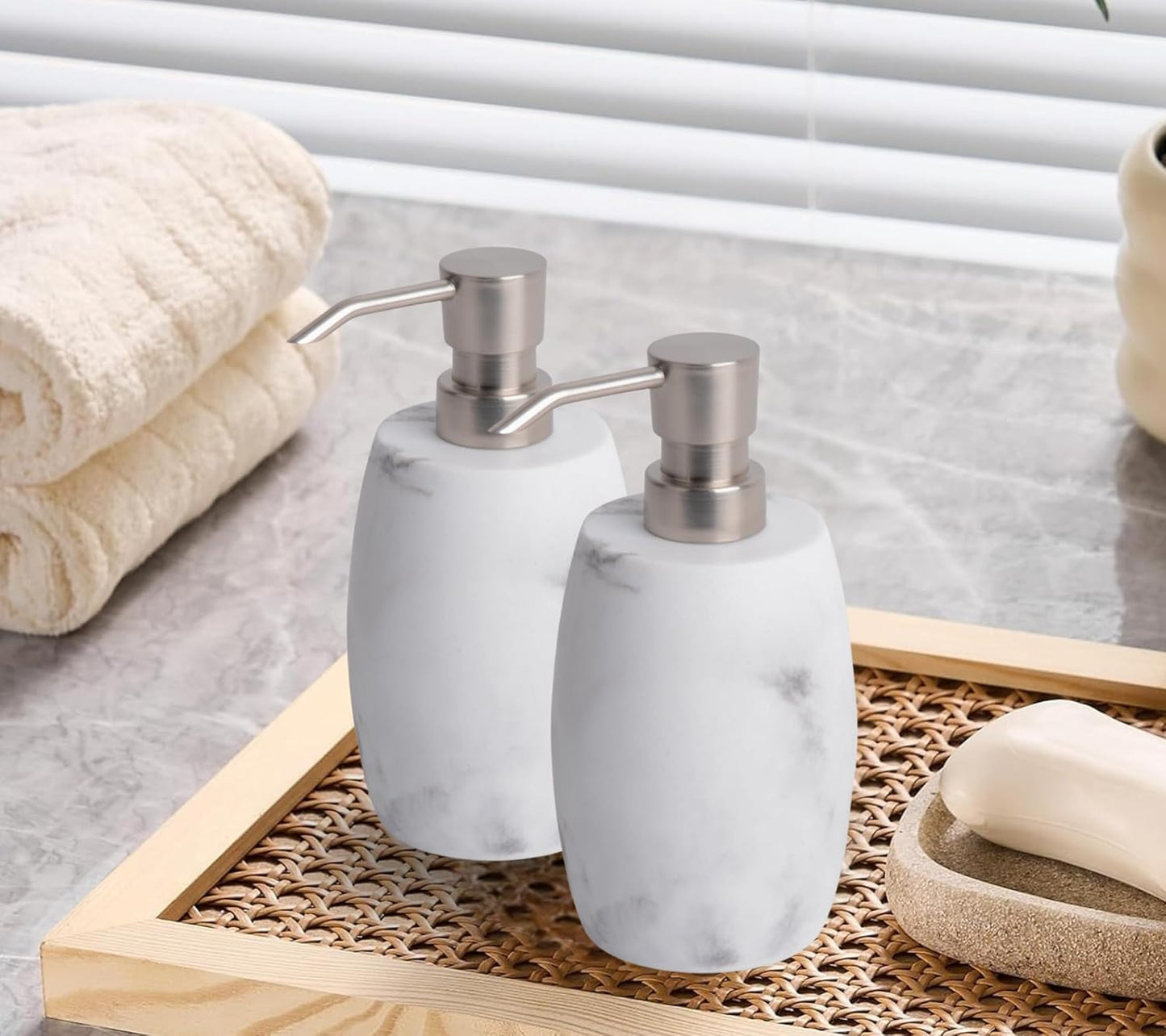 Clasin Home Resin Soap Dispenser Set 2, Refillable Hand Soap Dispenser with White Marble Look and Metallic Pump