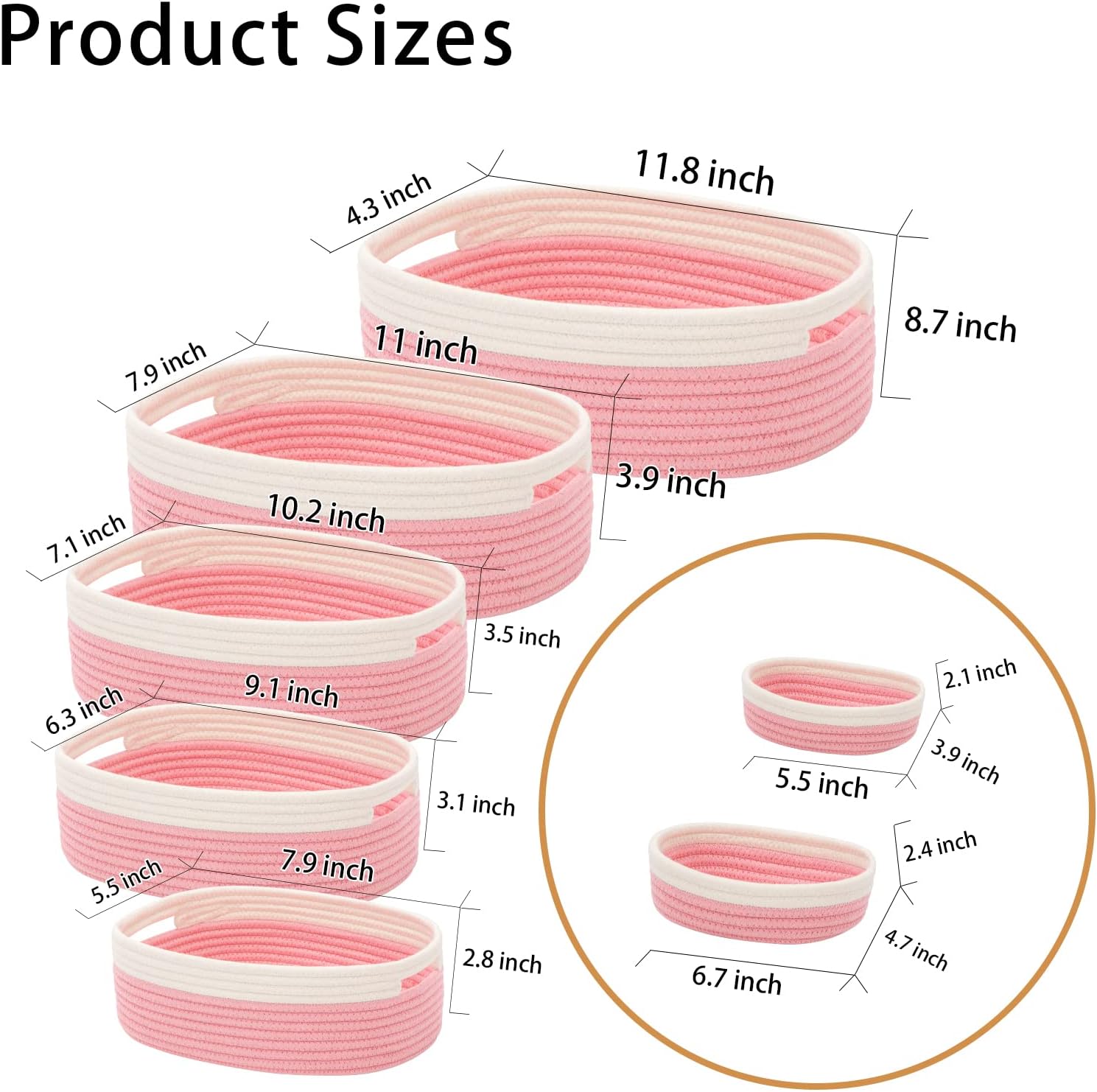 7 Piece Cotton Rope Woven Basket Set / OFF WHITE & PINK