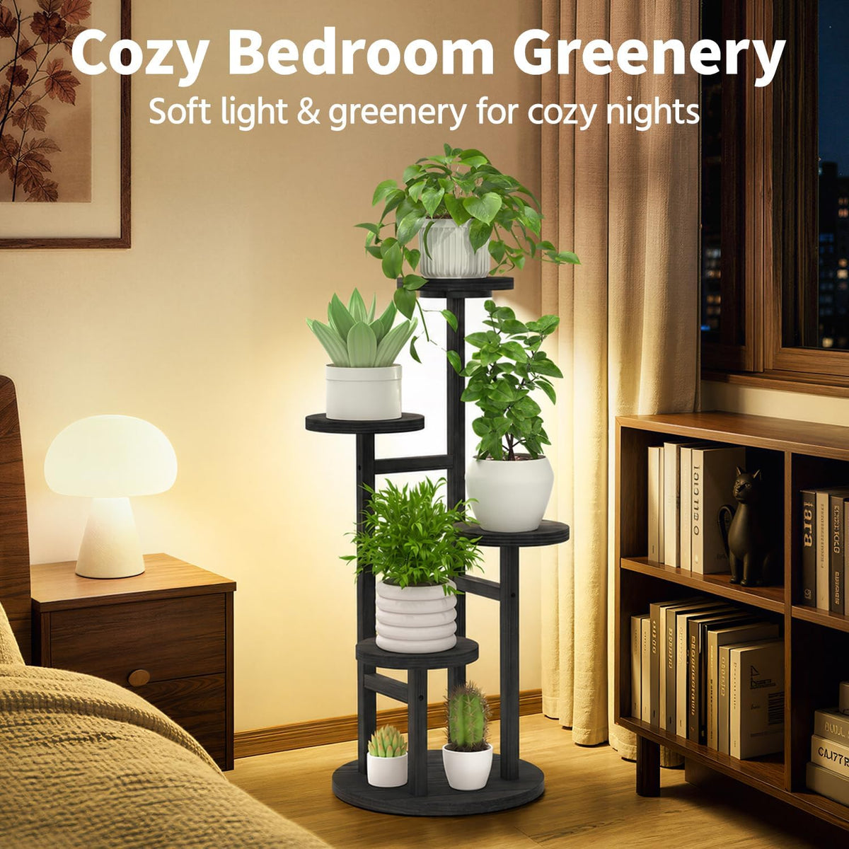LASZOLA Wood Small Plant Stand Table Indoor Tall with Lights, 4 Tier Black | Corner Flower Pot Holder Rack for Multiple