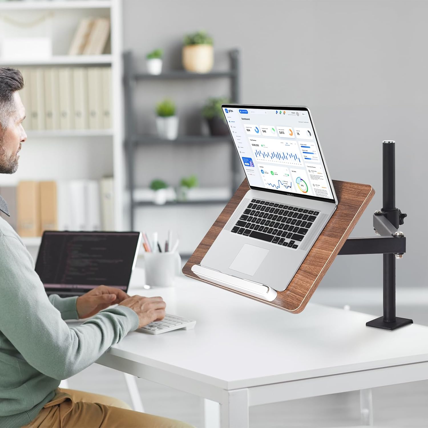 Adjustable Book Stand with Desk Clamp Mount, Wooden Reading Holder with Metal Arm, Black