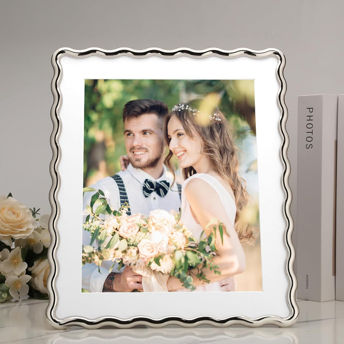 Silver 10x12'' Heavy-Duty Zinc Alloy Picture Frames with Acid Free Mat for 8x10'',Wave Design Silver Picture Frame with