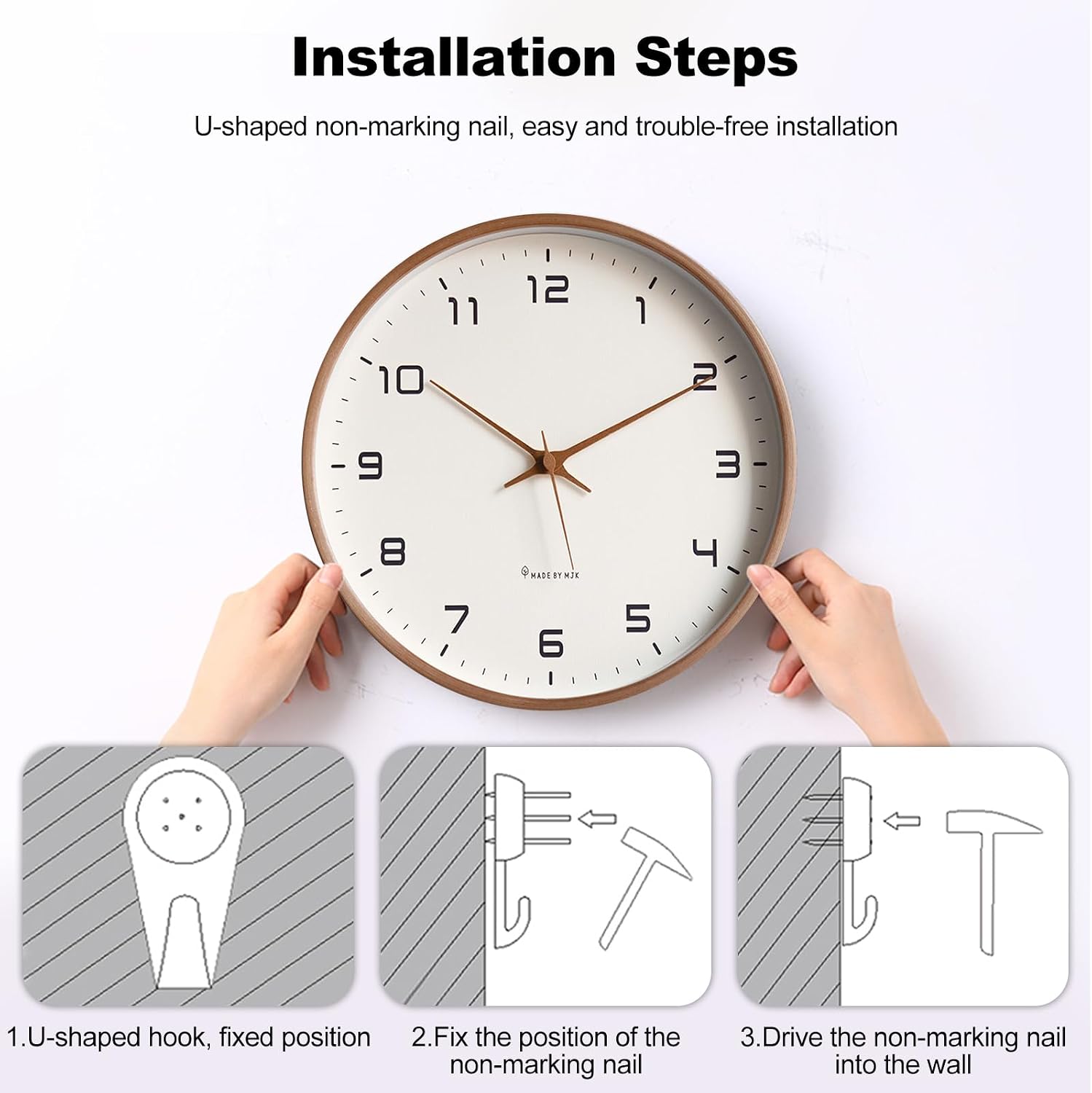 Ergocar Wall Clock, Modern Silent No Ticking Round Wooden Wall Clock Battery Powered Decorate Bedroom, Living Room